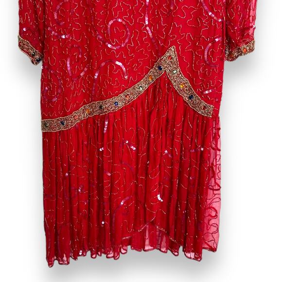 Vintage Gold Star Red 100% Silk Fully Beaded Midi Length Dress Women's Size S - Picture 4 of 15